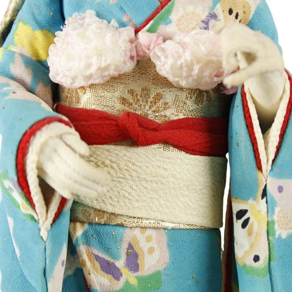 Vintage Japanese Geisha Doll Figurine in Traditional Turquoise Silk Crepe Kimono